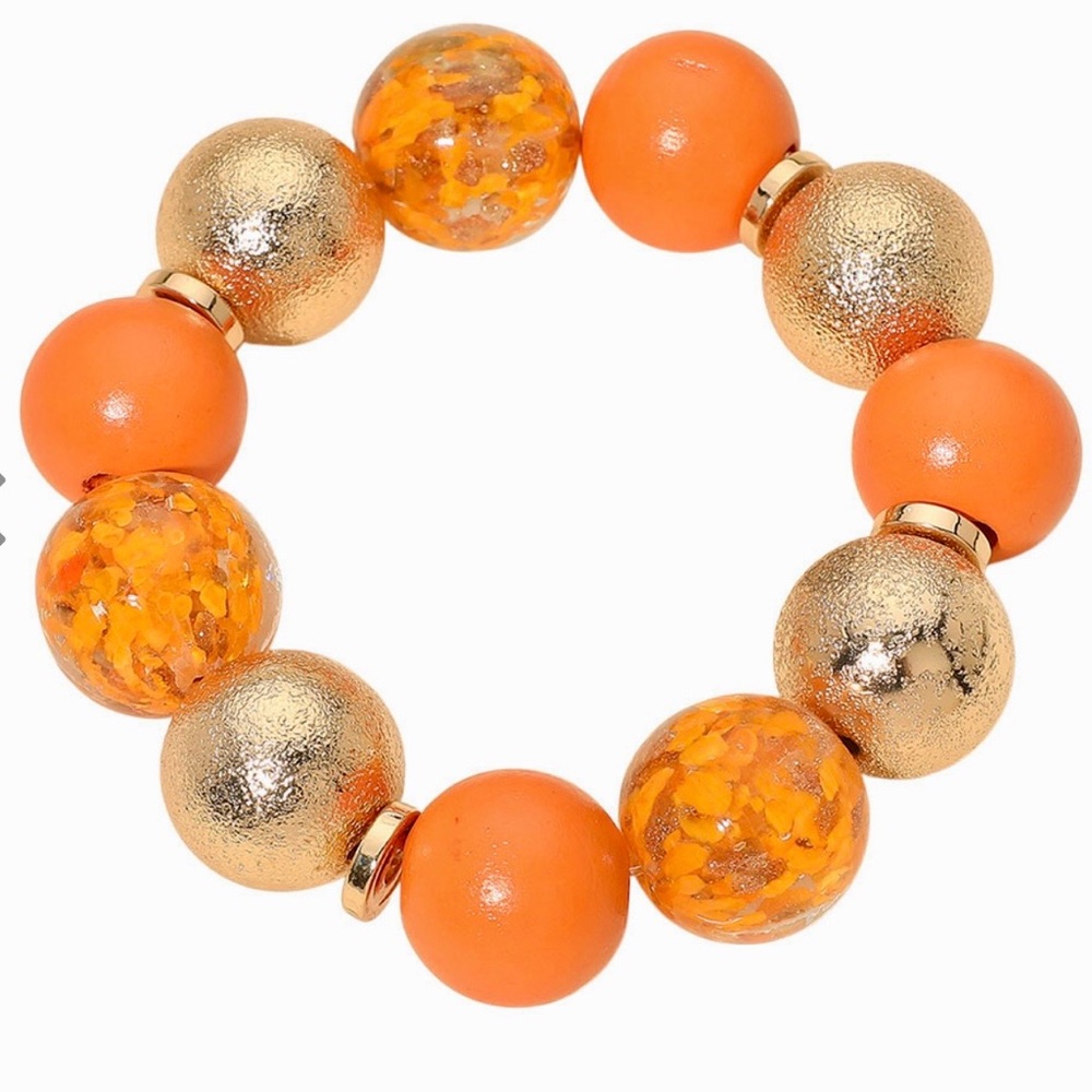 Orange Gold Beaded Stretch Bracelet